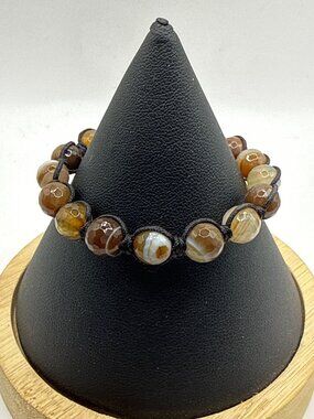 Faceted Brown Striped Faux Agate Macrame Shamballa Beaded Boho Unisex Bracelet